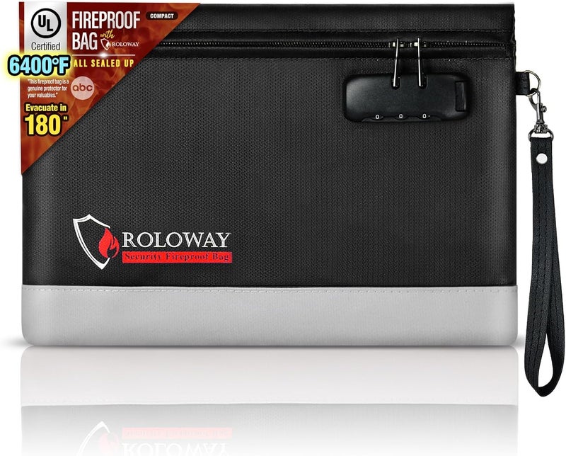 ROLOWAY Fireproof Money Bag with Lock for Cash, 6400°F Fire Proof Document Bag (12.2 x 8.5 x 1.6 inches), Money Pouch with Zipper (Black) - Image 1